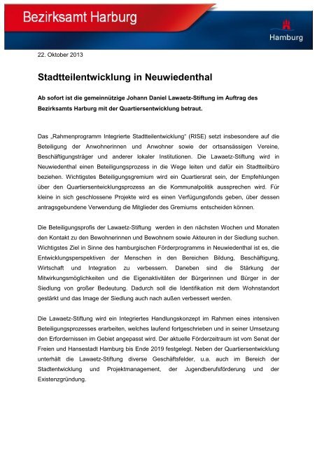 Stadtteilentwicklung in Neuwiedenthal - Lawaetz-Stiftung