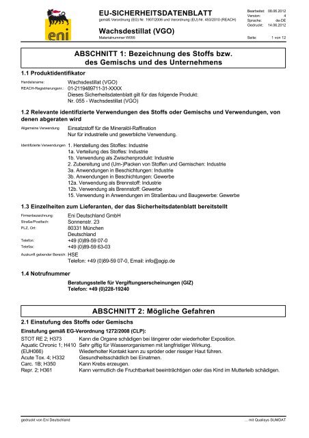 EU-SICHERHEITSDATENBLATT Wachsdestillat (VGO) ABSCHNITT ...