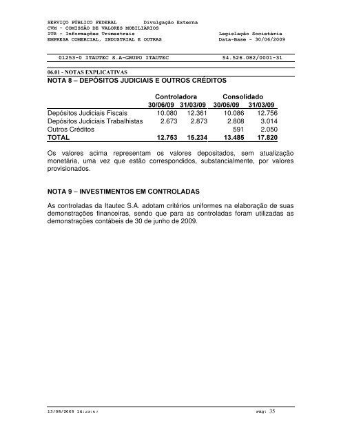 ITR - 2Âº Trimestre de 2009 - Itautec