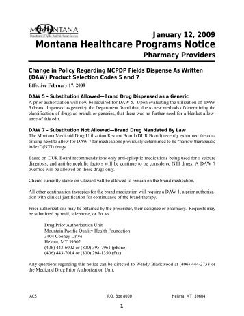 (DAW) Product Selection Codes 5 and 7 - Montana Medicaid ...