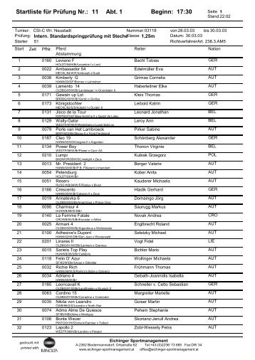 Startliste für Prüfung Nr.: 11 Abt. 1 Beginn: 17:30 - HORSES4SPORT