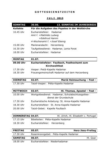 Gottesdienstplan mit Messintentionen für Hadamar