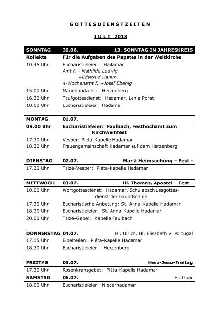 Gottesdienstplan mit Messintentionen für Hadamar