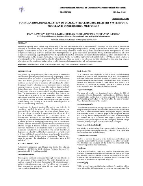 Formulation And Evaluation Of Oral Controlled Drug Delivery System For 