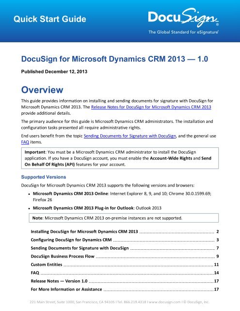 DocuSign for Microsoft Dynamics 2013 Quick Start Guide