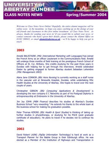 CLASS NOTES NEWS Spring/Summer 2004 - University of Abertay ...