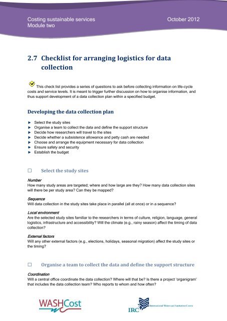 2 7 Checklist For Arranging Logistics For Data Collection Washcost