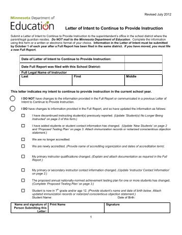 Letter of Intent to Continue Homeschooling Letter of Intent to Continue Homeschooling