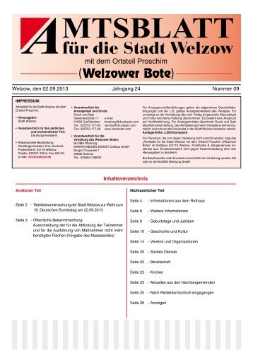 Welzow, den 02.09.2013 Jahrgang 24 Nummer 09 Inhaltsverzeichnis