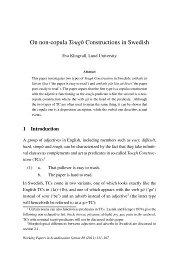 Eva Klingvall On non-copula Tough Constructions in Swedish (PDF ...