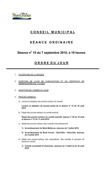 7 septembre - sÃ©ance ordinaire (PDF - 70 Ko) - Ville de Sherbrooke