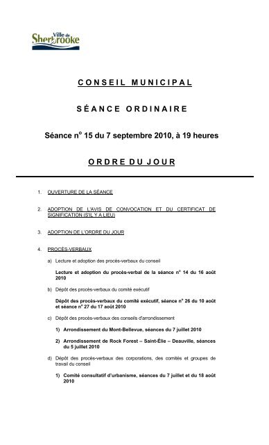 7 septembre - sÃ©ance ordinaire (PDF - 70 Ko) - Ville de Sherbrooke