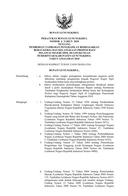 Perbup Nomor 4 Tahun 2010 tentang Pemberian ... - Gunungkidul