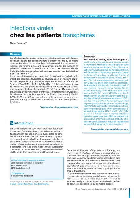 Infections virales chez les patients transplantÃ©s - Bienvenue sur Mon ...