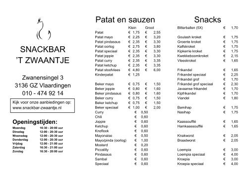Bekijk de menukaart en de prijslijst - Snackbar 't Zwaantje