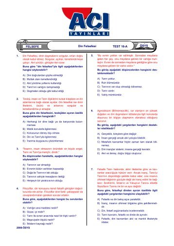 Din Felsefesi TEST 16-A FELSEFE ÖSYS