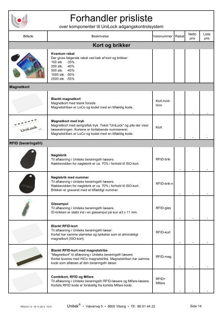 Forhandler prisliste - Unitek