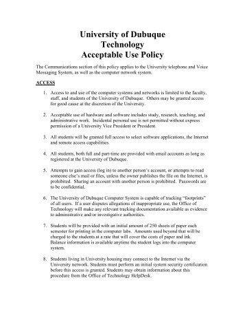 University of Dubuque Technology Acceptable Use Policy