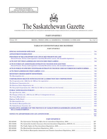 Sask Gazette, Part I, Apr 24, 2009 - Queen's Printer