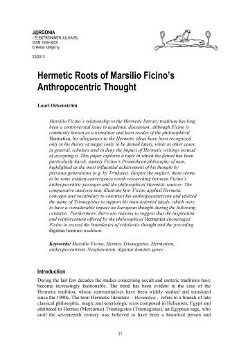 Hermetic Roots of Marsilio Ficino's Anthropocentric Thought