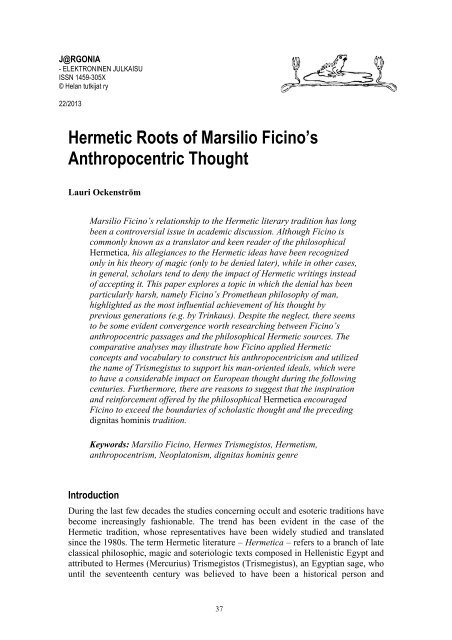 Hermetic Roots of Marsilio Ficino's Anthropocentric Thought