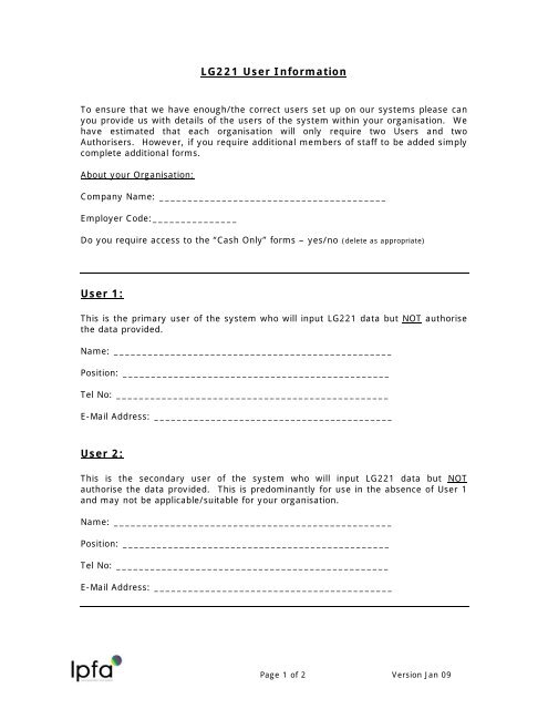 LG221 User Information form