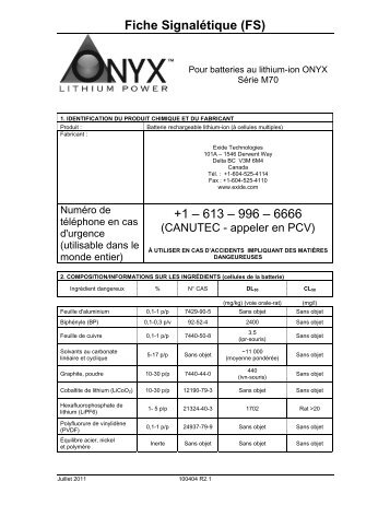 Fiche Signalétique (FS) +1 – 613 – 996 – 6666 - Exide Technologies