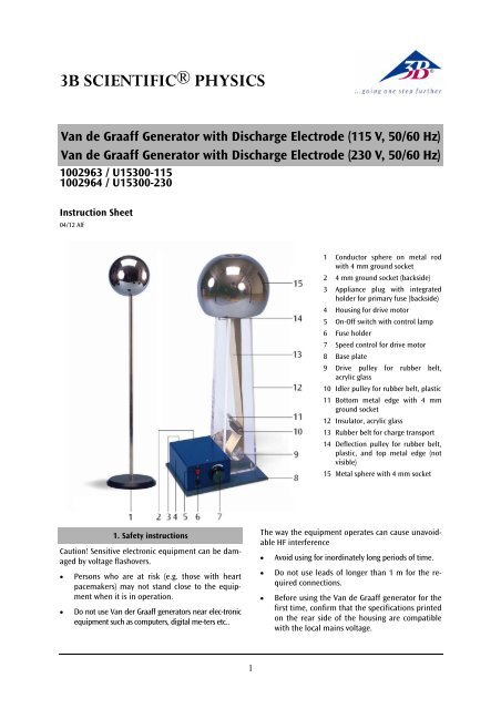 Van De Graaff Generator With Discharge Electrode 115 V 50 60 Hz