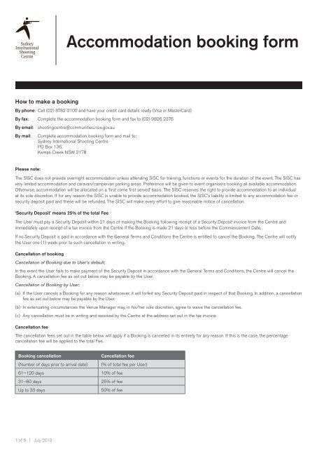 Accommodation booking form - NSW Sport and Recreation