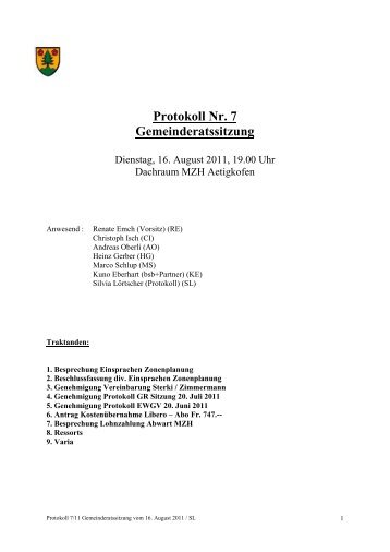 Protokoll Gr Sitzung Nr. 7 vom 16.08.2011 - Aetigkofen