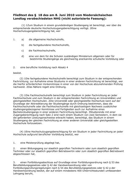 Fließtext des § 18 des am 8. Juni 2010 vom Niedersächsischen ...