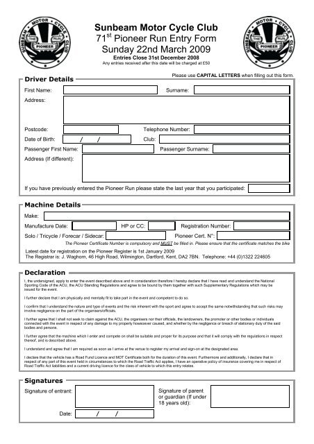 Pioneer Run Entry Form [2009] - Sunbeam MCC