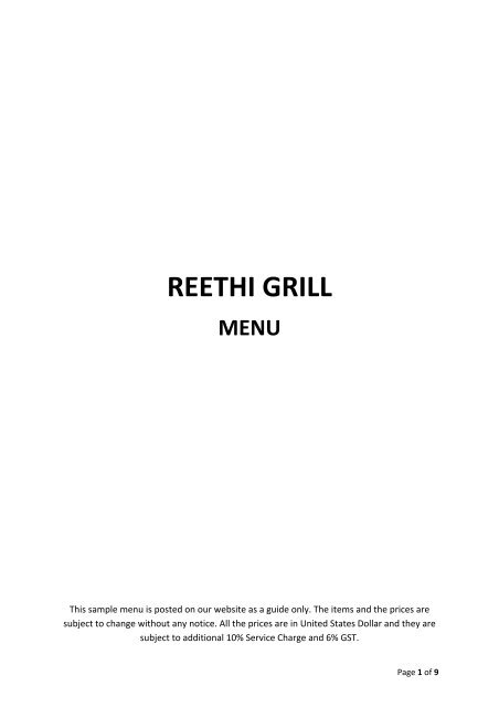 Reethi Grill Menu - Reethi Beach Resort