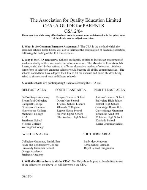 CEA: A GUIDE for PARENTS - Sullivan Upper School