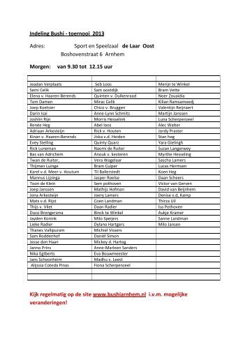 Indeling Bushi - toernooi 2013 Adres: Sport en Speelzaal de Laar ...