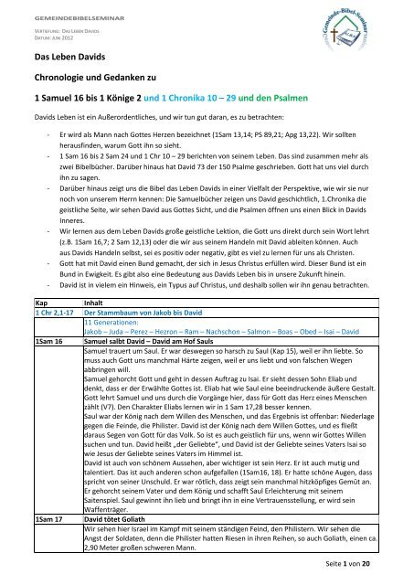 Das Leben Davids Chronologie und Gedanken zu 1 Samuel 16 bis ...