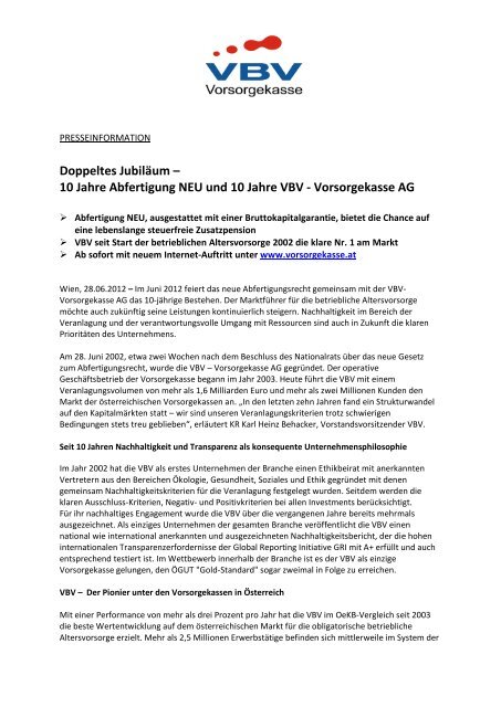 10 Jahre Abfertigung NEU und 10 Jahre VBV - Vorsorgekasse AG