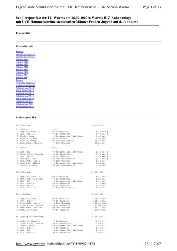 Page 1 of 13 Ergebnisliste Schülersportfest mit LVR Hammerwurf M ...