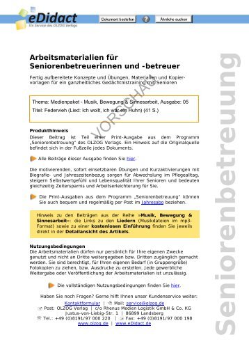 Arbeitsmaterialien Seniorenbetreuung - Federvieh (Lied: Ich wollt ...