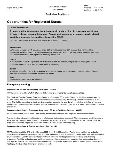 Opportunities for Registered Nurses - University of Rochester ...