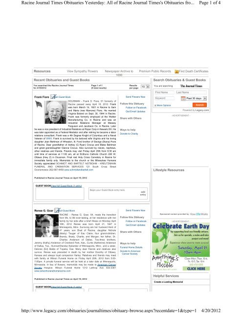 Page 1 of 4 Racine Journal Times Obituaries Yesterday: All of 