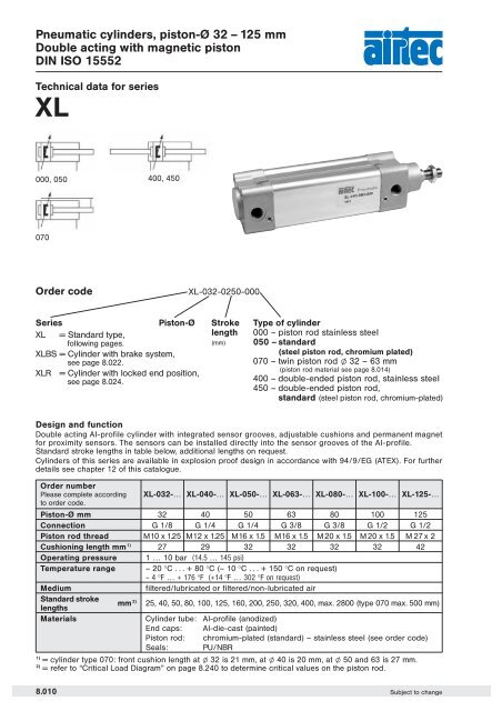 Pneumatic cylinders, piston-Ã 32 â 125 mm Double acting with ...