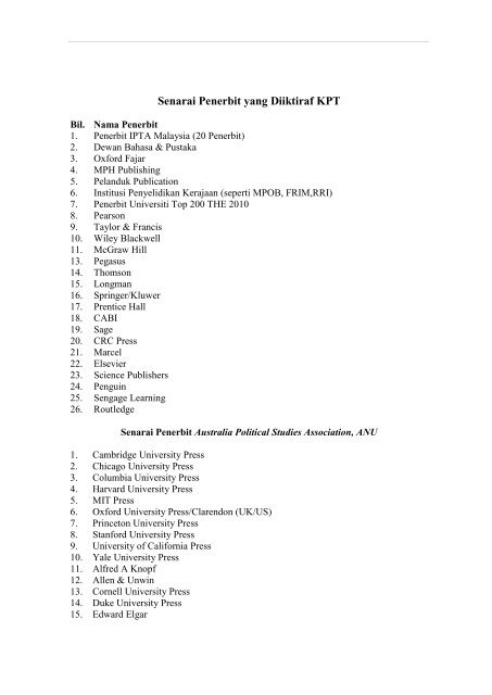 Senarai Penerbit yang Diiktiraf KPT - UniSZA
