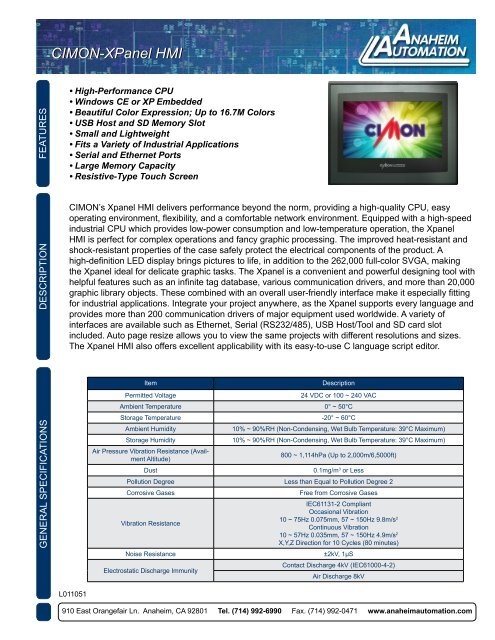 L011051 - XPanel Spec Sheet.pdf - Anaheim Automation