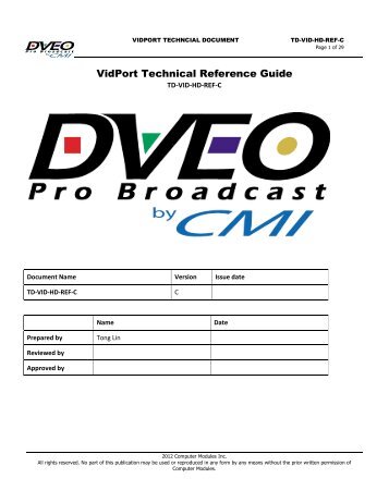 Technical Ref Guide To VidPORT SD HD - Dveo.com