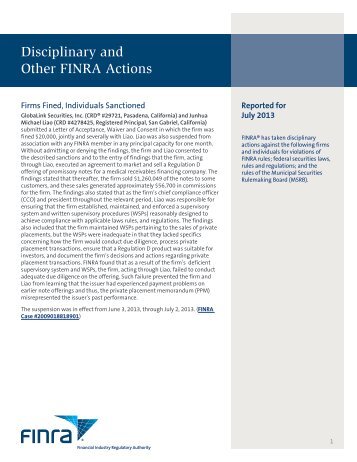 Disciplinary and Other FINRA Actions Reported for July 2013