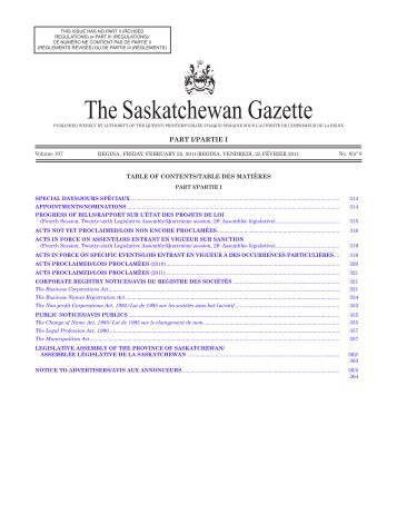 The Saskatchewan Gazette - Queen's Printer - Government of ...
