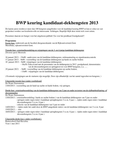 BWP keuring kandidaat-dekhengsten 2013