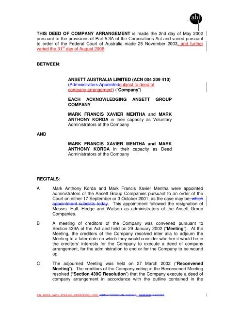 Acn 004 209 410 Subject To Deed Of Company Arrangement