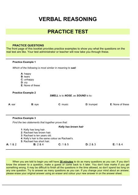 Verbal Reasoning practice test (PDF - 73Kb)